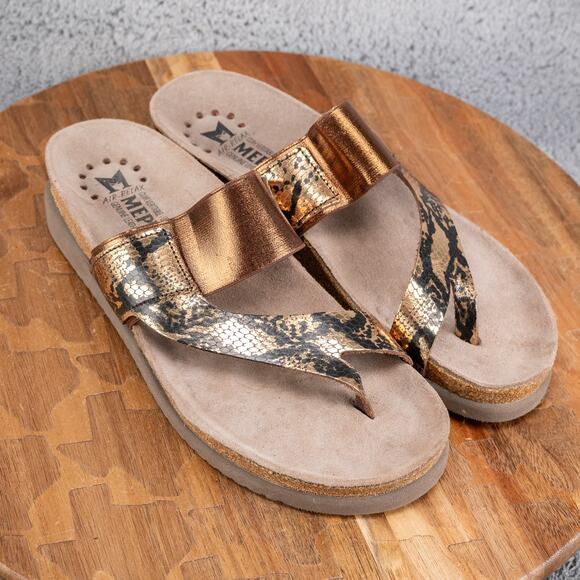 Mephisto Womens Bronze Gold Metallic Toe Thong Leather Sandals Sz 38 /US 8 - Picture 1 of 8